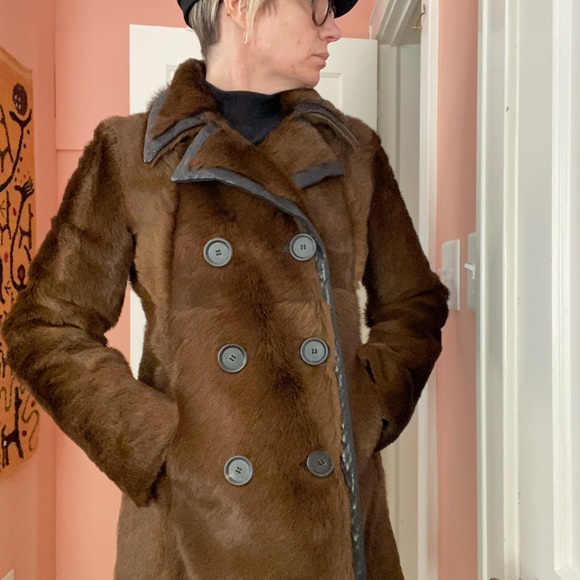 Derek Lam Brown Double-Breasted Women's Fur and Leather Car Coat sz 4 - Picture 6 of 15